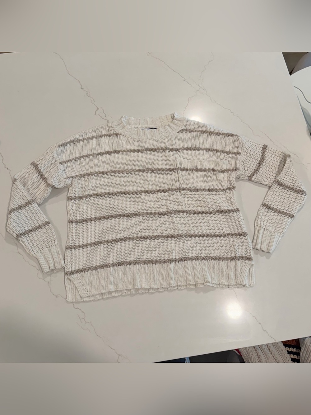 American Eagle Outfitters Cream and Tan Striped Crewneck Sweater